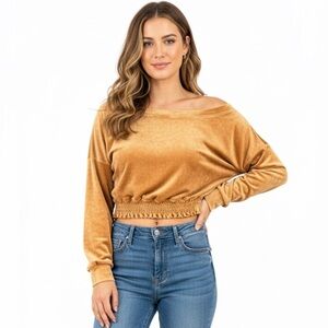 SAVVI Mustard Gold Velvet Cropped Long Sleeve Top - Size Large